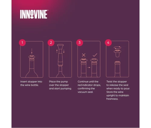 Innovine μπλε αντλία κενού αέρος για κρασί με δύο μαύρα πώματα σιλικόνης (κωδικός 12018), οδηγίες χρήσης.