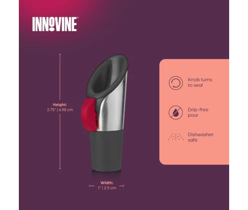 Innovine στόμιο ροής και πώμα κρασιού από ανοξείδωτο ατσάλι με κόκκινο διακόπτη (κωδικός 12003), διαστάσεις και φροντίδα.