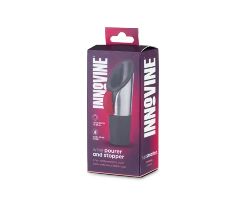 Innovine στόμιο ροής και πώμα κρασιού από ανοξείδωτο ατσάλι με κόκκινο διακόπτη (κωδικός 12003), συσκευασία.