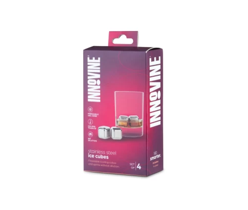 Innovine σετ τεσσάρων ανοξείδωτων παγόκυβων υψηλής ποιότητας για ουίσκι και ποτά (κωδικός 12036), συσκευασία.