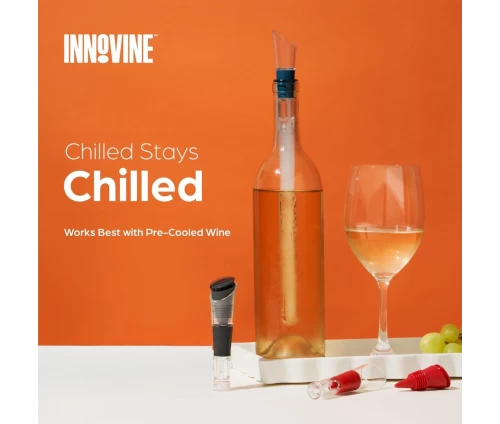 Innovine ράβδος ψύξης κρασιού από ανοξείδωτο ατσάλι με ενσωματωμένο στόμιο ροής και μαύρο πώμα (κωδικός 12033), οδηγίες.