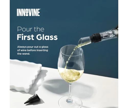 Innovine ράβδος ψύξης κρασιού από ανοξείδωτο ατσάλι με ενσωματωμένο στόμιο ροής και μαύρο πώμα (κωδικός 12033), οδηγίες χρήσης.