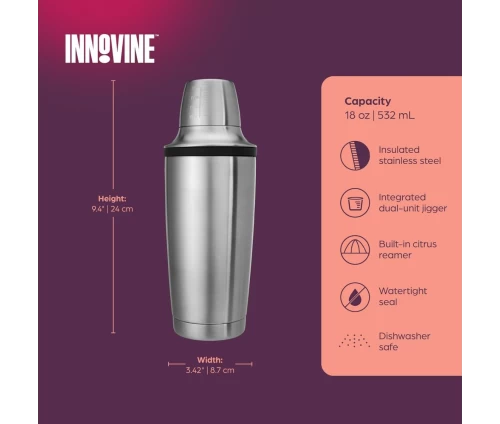 Innovine κομψό ανοξείδωτο cocktail shaker διπλού τοιχώματος με minimal σχεδιασμό (κωδικός 12041), διαστάσεις και οδηγίες φροντίδας.