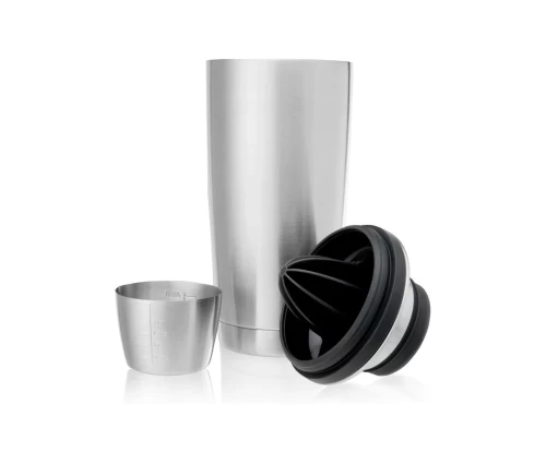 Innovine κομψό ανοξείδωτο cocktail shaker διπλού τοιχώματος με minimal σχεδιασμό (κωδικός 12041), παρουσίαση σώμα και spare parts.