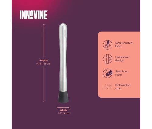 Innovine επαγγελματικό muddler cocktail από ανοξείδωτο ατσάλι με μαύρη αντιολισθητική βάση (κωδικός 12037), διαστάσεις και οδηγίες φροντίδας.