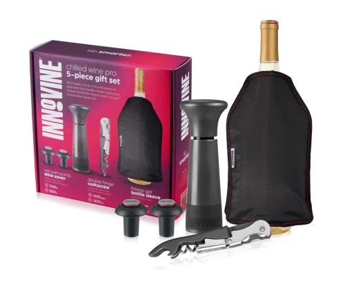 Innovine ολοκληρωμένο σετ δώρου κρασιού 5 τεμαχίων με αντλία κενού, πώματα, ανοιχτήρι και θήκη ψύξης, μαζί με την συσκευασία δώρου.