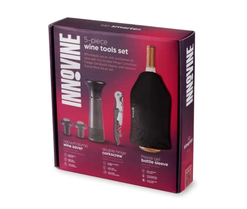 Innovine ολοκληρωμένο σετ δώρου κρασιού 5 τεμαχίων με αντλία κενού, πώματα, ανοιχτήρι και θήκη ψύξης, συσκευασία δώρου.