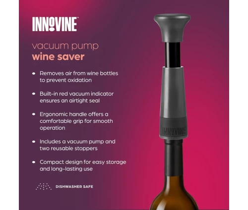 Innovine αντλία κενού αέρος για κρασί σε γκρι-μαύρο χρώμα με δύο επαναχρησιμοποιούμενα πώματα (κωδικός 12016), προδιαγραφές και χαρακτηριστικά.