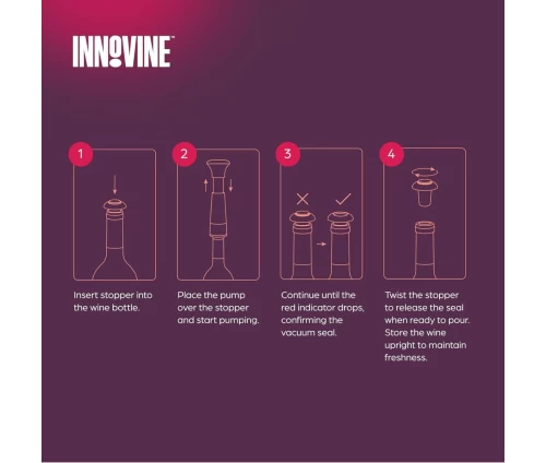 Innovine αντλία κενού αέρος για κρασί σε γκρι-μαύρο χρώμα με δύο επαναχρησιμοποιούμενα πώματα (κωδικός 12016), οδηγίες χρήσης.