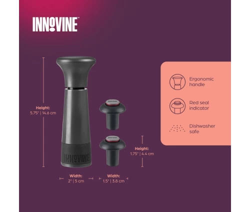 Innovine αντλία κενού αέρος για κρασί σε γκρι-μαύρο χρώμα με δύο επαναχρησιμοποιούμενα πώματα (κωδικός 12016), διαστάσεις και οδηγίες φροντίδας.