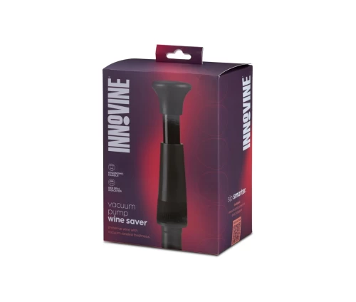Innovine αντλία κενού αέρος για κρασί σε γκρι-μαύρο χρώμα με δύο επαναχρησιμοποιούμενα πώματα (κωδικός 12016), συσκευασία.