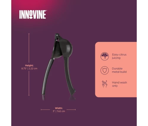 Innovine χειροκίνητος στίφτης εσπεριδοειδών από μαύρο χυτό μέταλλο 12063, διαστάσεις και οδηγίες φροντίδας.