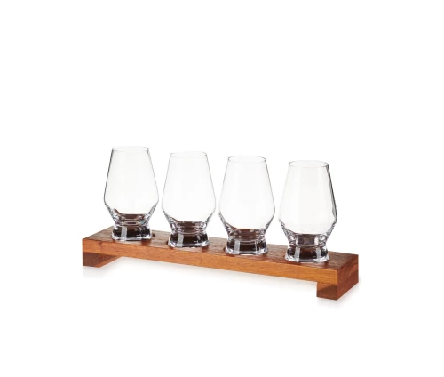 Viski σετ γευσιγνωσίας αποσταγμάτων με τέσσερα κρυστάλλινα ποτήρια και αριθμημένη ξύλινη βάση ακακίας (κωδικός 10452)
