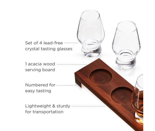 Viski σετ γευσιγνωσίας αποσταγμάτων με τέσσερα κρυστάλλινα ποτήρια και αριθμημένη ξύλινη βάση ακακίας (κωδικός 10452), προδιαγραφές.