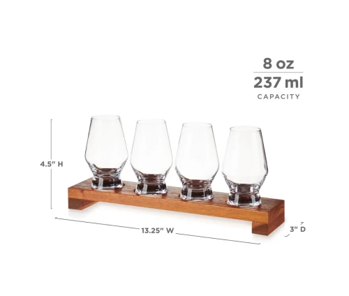 Viski σετ γευσιγνωσίας αποσταγμάτων με τέσσερα κρυστάλλινα ποτήρια και αριθμημένη ξύλινη βάση ακακίας (κωδικός 10452), διαστάσεις.