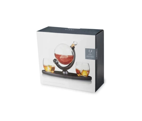 Viski σετ καράφα ουίσκι σε σχήμα υδρογείου σφαίρας με δύο ποτήρια και σκούρα ξύλινη βάση (κωδικός 5401), συσκευασία.