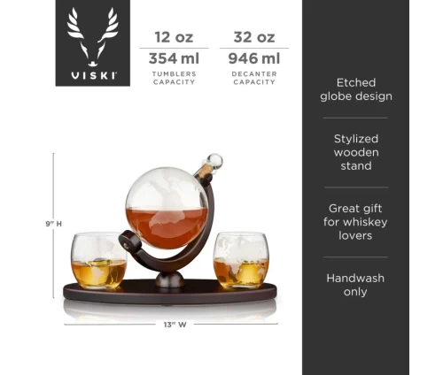 Viski σετ καράφα ουίσκι σε σχήμα υδρογείου σφαίρας με δύο ποτήρια και σκούρα ξύλινη βάση (κωδικός 5401), διαστάσεις και οδηγίες φροντίδας.