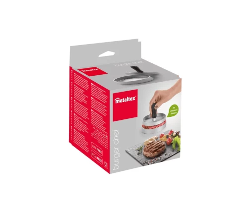 Συσκευασία της πρέσας για burger Metaltex Burger Chef με φωτογραφία εφαρμογής του προϊόντος.