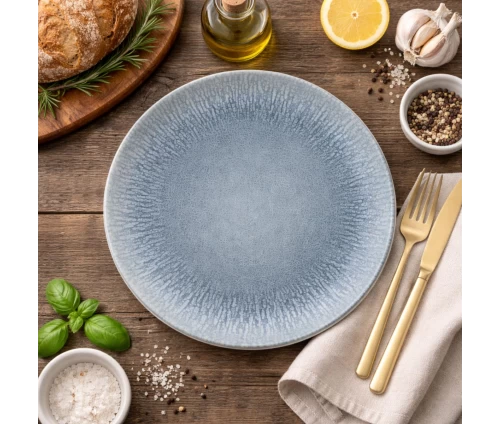 Πιάτο Cryspo Trio Neptune stoneware σε μπλε-γκρι απόχρωση με ακτινωτό σχέδιο σε στρωμένο τραπέζι