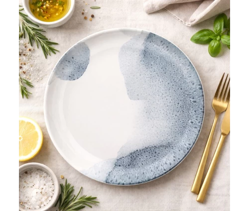 Πιάτο Cryspo Trio Umbria stoneware σε λευκή και γκρι-μπλε απόχρωση πάνω σε στρωμένο τραπέζι