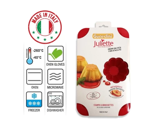 Φόρμα σιλικόνης Guardini Juliette με 6 θέσεις για ατομικά μπριός και κεκάκια, κατασκευασμένη στην Ιταλία, συσκευασία και τεχνικά χαρακτηριστικά.