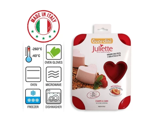 Κόκκινη φόρμα σιλικόνης Guardini Juliette με 6 θέσεις σε σχήμα καρδιάς, μαζί με συσκευασία και προδιαγραφές.