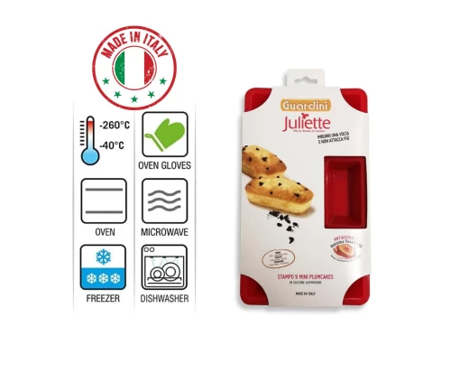 Κόκκινη φόρμα σιλικόνης Guardini Juliette με 9 θέσεις για ατομικά mini plumcakes και κεκάκια, συσκευασία και προδιαγραφές.
