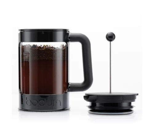 Bodum K11683-01 Bean Σετ Cold Brew σε μαύρο χρώμα με γυάλινη κανάτα, φωτογραφία με το καπάκι και τον μηχανισμό.