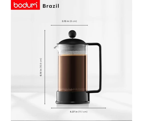 Bodum 1543-01 Brazil Πρέσα Καφέ French Press σε μαύρο χρώμα, διαστάσεις.