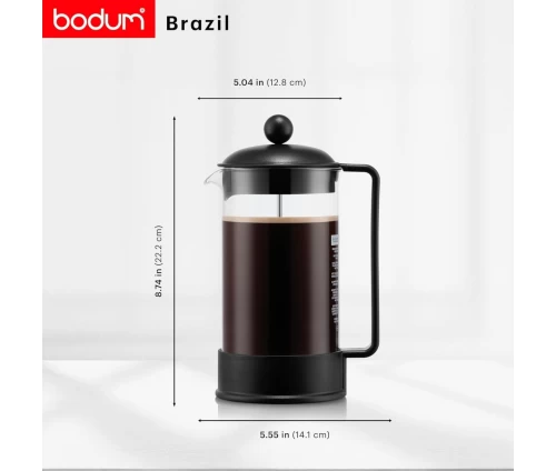 Bodum 1548-01 Brazil Πρέσα Καφέ French Press 1L σε μαύρο χρώμα, διαστάσεις.