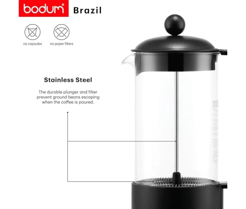 Λεπτομέρεια του εμβόλου από ανοξείδωτο ατσάλι της Bodum Brazil.