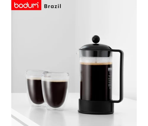 Bodum 1548-01 Brazil Πρέσα Καφέ French Press 1L σε μαύρο χρώμα, με δυο ισοθερμικά φλυτζάνια με καφέ.