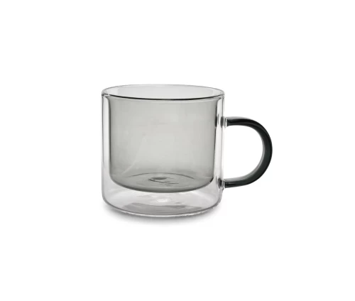 Σετ 2 γκρι διπλότοιχα γυάλινα ποτήρια ONA Liv 27cl με κομψό χερούλι