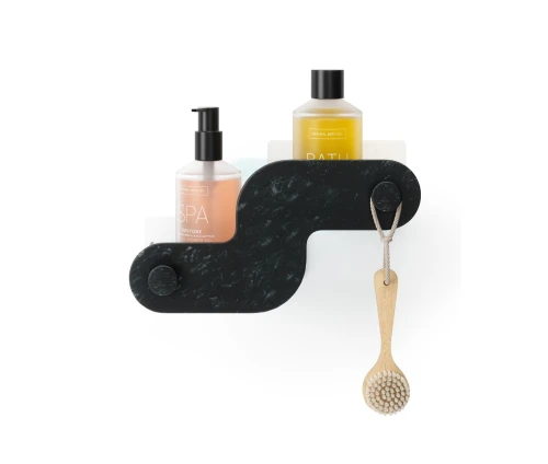 Μαύρες θήκες οργάνωσης μπάνιου Umbra Nami από ανακυκλωμένο πλαστικό με αυτοκόλλητη τοποθέτηση.