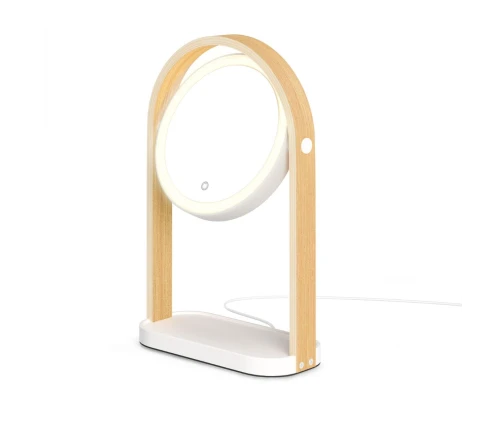 Επιτραπέζιος καθρέπτης μακιγιάζ Umbra Bellwood με φωτισμό LED, ξύλινη λεπτομέρεια και βάση για καλλυντικά σε λευκό και φυσικό χρώμα ξύλου.