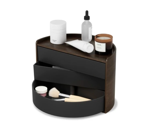 Umbra Moona ξύλινη κοσμηματοθήκη και οργανωτής με τρία μαύρα περιστρεφόμενα συρτάρια και επιφάνεια αποθήκευσης.