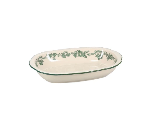 Βαθιά οβάλ ivory πορσελάνινη πιατέλα Salt&Pepper Cyril με πράσινο vintage λουλουδάτο σχέδιο και ανάγλυφο κυματιστό περίγραμμα.