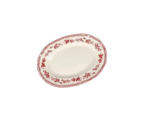 Οβάλ ivory πορσελάνινη πιατέλα Salt&Pepper Cyril με vintage μπορντό λουλουδάτο μοτίβο και ανάγλυφο περίγραμμα.