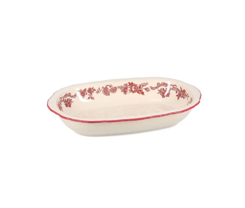 Βαθιά οβάλ ivory πορσελάνινη πιατέλα Salt&Pepper Cyril με vintage μπορντό λουλουδάτο μοτίβο και κυματιστό τελείωμα.