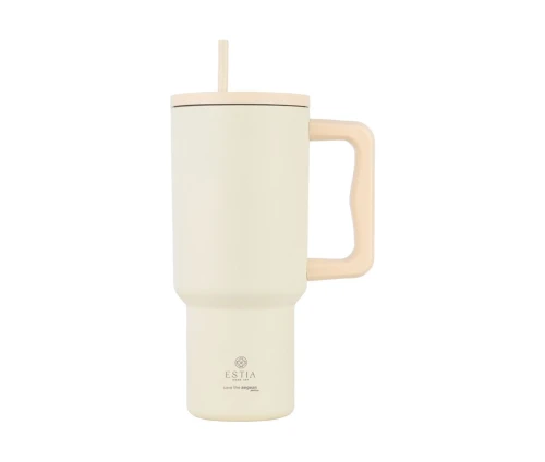 Ποτήρι θερμός Estia Straw Tumbler XL Save the Aegean 900ml σε χρώμα Lily White με καλαμάκι και λαβή