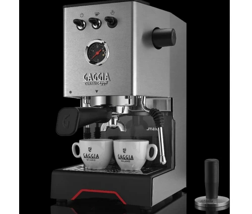 Gaggia Classic UP Inox μηχανή espresso με δύο φλιτζάνια καφέ Gaggia στο drip tray
