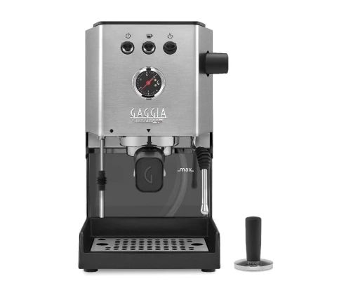 Μηχανή espresso Gaggia Classic UP Inox EG2500/00 πρόσοψη με επαγγελματικό πατητήρι καφέ
