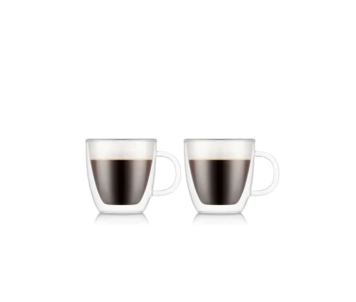 Ποτήρια καφέ Bodum Bistro 150ml με διπλά τοιχώματα και χερούλι, σε λευκό φόντο.