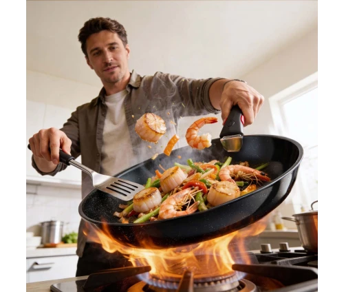 Τηγάνι Tefal Ingenio Excellence σε εντατική χρήση, πάνω σε φλόγα εστίας υγραερίου