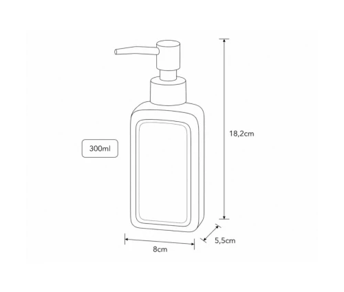 Λευκό δοχείο κρεμοσάπουνου MRShome από dolomite 300ml με αντλία, σχεδιάγραμμα διαστάσεων και περιεκτικότητας.