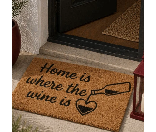 Πατάκι εισόδου MRShome 59x39cm με σχέδιο Home is where the wine is, τοποθετημένο σε εξώπορτα, κοντινή λήψη.