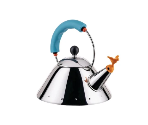 Βραστήρας Alessi 9093/1 LAZ από ανοξείδωτο ατσάλι με γαλάζια λαβή και πορτοκαλί σφυρίχτρα πουλάκι