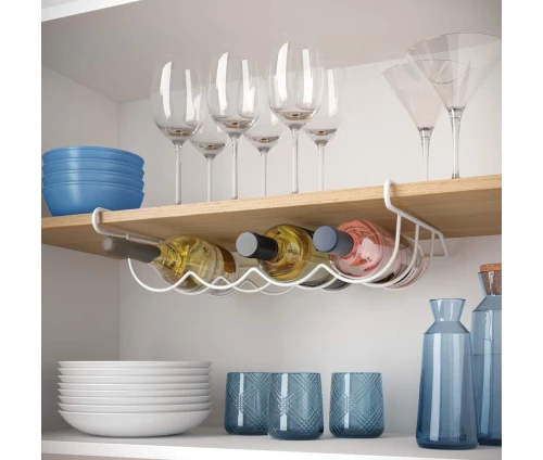 Metaltex Cool-Bottle λευκή θήκη μπουκαλιών κάτω από ξύλινο ράφι κουζίνας με κρασιά και ποτήρια