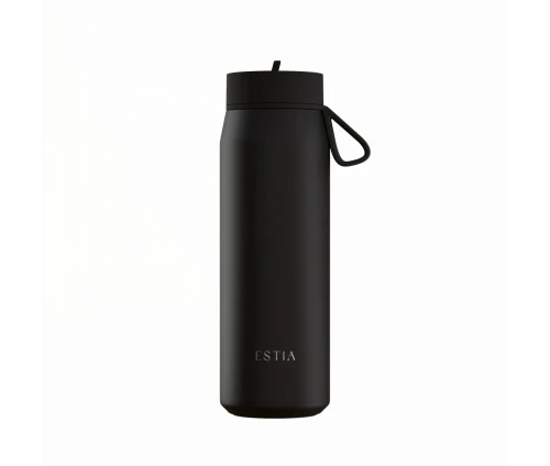 Μπροστινή όψη του μαύρου θερμός Estia Pulse Save The Aegean Black 500ml με το διακριτικό λογότυπο της εταιρείας.