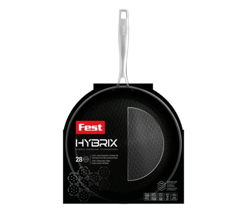 Το τηγάνι Fest Hybrix 28cm με τη συσκευασία του, που τονίζει την τεχνολογία 3-Ply.